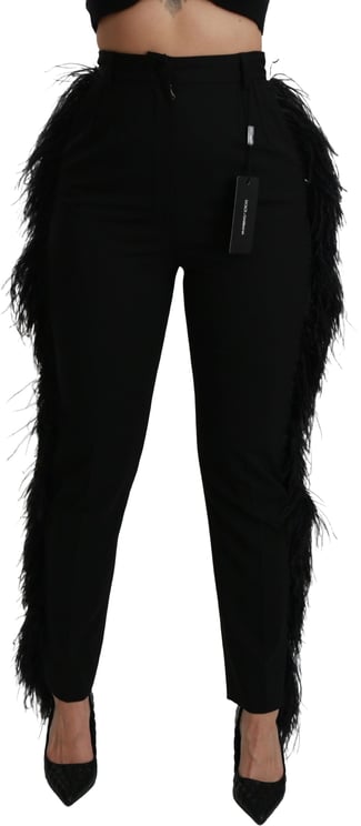 Dolce & Gabbana Dolce & Gabbana Black Feather Straight High Waist Wool Pants