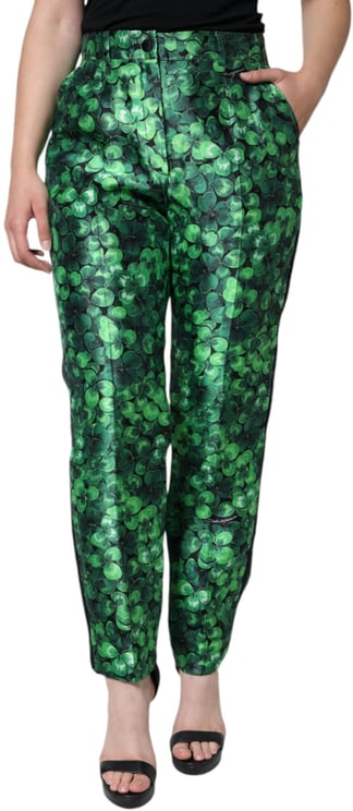 Dolce & Gabbana Dolce & Gabbana Green Clover Silk Satin High Waist Tapered Pants