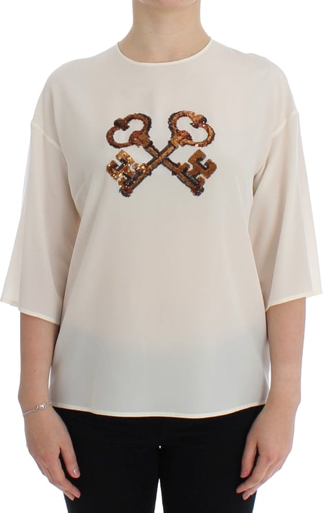 Dolce & Gabbana Dolce & Gabbana White Sequined Key Silk Blouse T-shirt Top