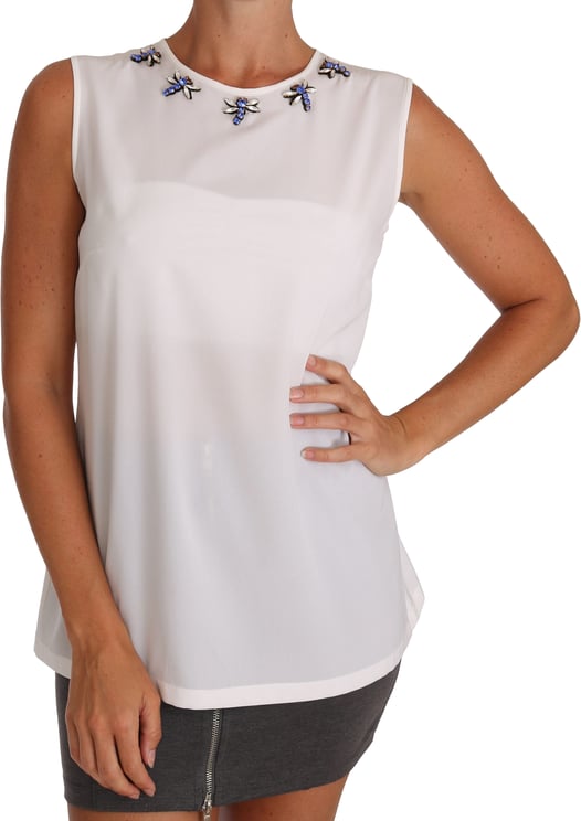 Dolce & Gabbana Dolce & Gabbana White Silk Crystal Embellished Fly T-shirt