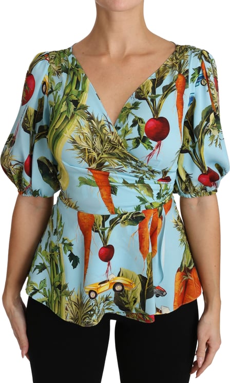 Dolce & Gabbana Dolce & Gabbana Multicolor Vegetable Print Silk Top Peplum Wrap Blouse