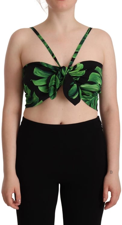 Dolce & Gabbana Dolce & Gabbana Black Green Leaf Silk Halter Cropped Top