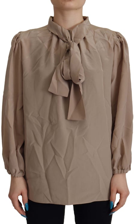 Dolce & Gabbana Dolce & Gabbana Brown Waistband Sleeves Ascot Collar Top Blouse