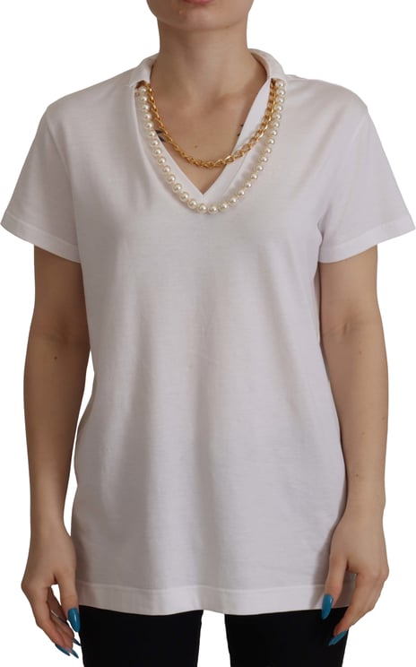 Dolce & Gabbana Dolce & Gabbana White Necklace Embellished Neckline T-shirt Top