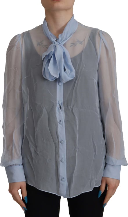 Dolce & Gabbana Dolce & Gabbana Light Blue Silk Ascot Collar Long Sleeves Top