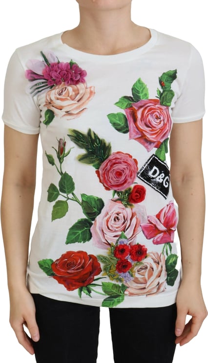 Dolce & Gabbana Dolce & Gabbana White Rose DGLogo Printed Short Sleeves Top