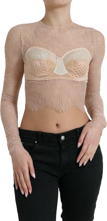 Dolce & Gabbana Dolce & Gabbana Beige Nylon Floral Lace Bustier Cropped Top