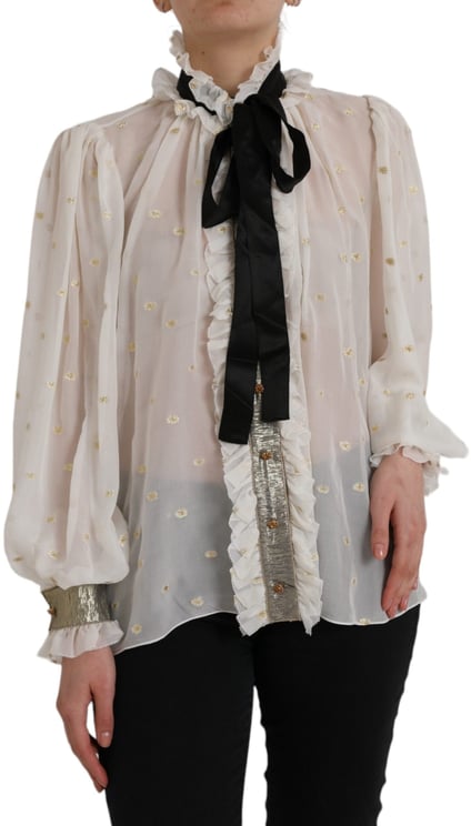 Dolce & Gabbana Dolce & Gabbana Off White Silk Blend Ascot Collar Blouse Top