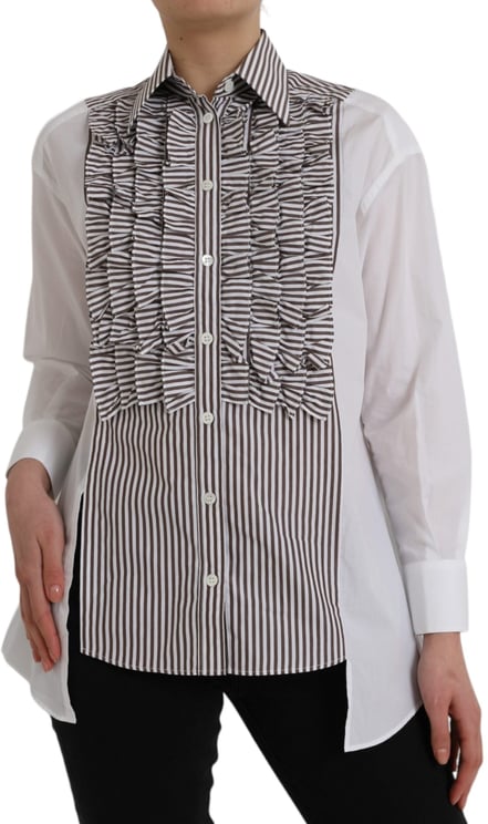 Dolce & Gabbana Dolce & Gabbana White Stripes Cotton Long Sleeves Ruffle Collar Top