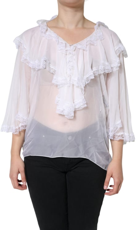 Dolce & Gabbana Dolce & Gabbana White Ruffles Lace Long Sleeve Blouse Top