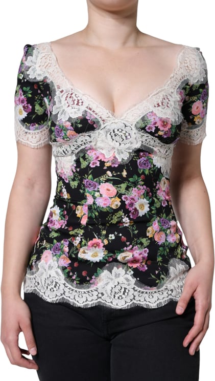 Dolce & Gabbana Dolce & Gabbana Black Floral Lace Short Sleeves Blouse Top