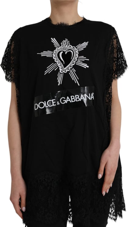 Dolce & Gabbana Dolce & Gabbana Black Sacred Heart Print Cotton Lace T-shirt