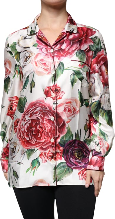Dolce & Gabbana Dolce & Gabbana White Peony Silk Long Sleeves Collared Blouse Top
