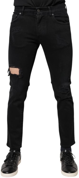 Dolce & Gabbana Dolce & Gabbana Black Cotton Tattered Skinny Denim Logo Jeans
