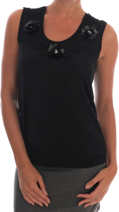 Dolce & Gabbana Dolce & Gabbana Black Cotton Floral Crystal Tank Top