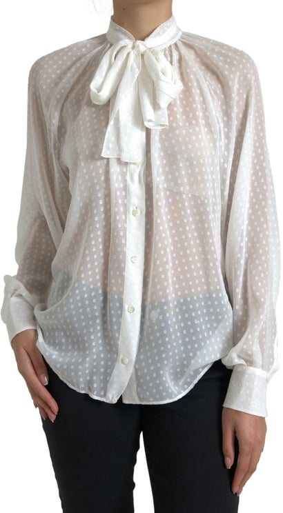 Dolce & Gabbana Dolce & Gabbana White Silk Sheer Tied Neck Polka Dots Blouse