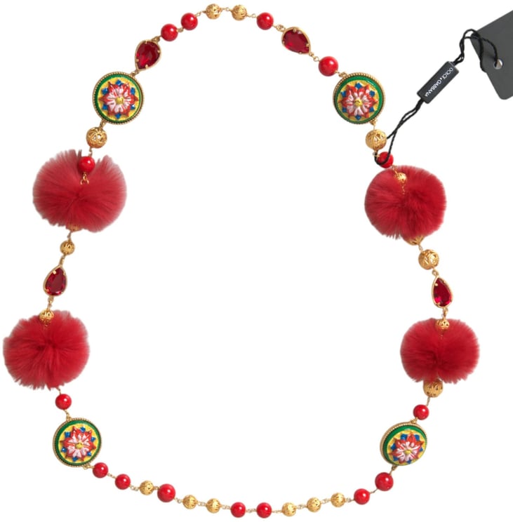 Dolce & Gabbana Dolce & Gabbana Gold Brass Red Fur Crystal Carretto Chain Necklace