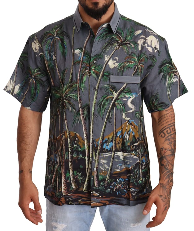 Dolce & Gabbana Dolce & Gabbana Gray Linen Tropical Print Collared Shirt