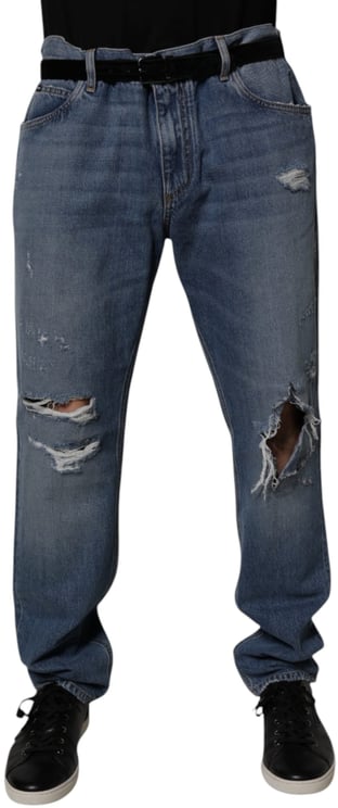 Dolce & Gabbana Dolce & Gabbana Blue Tattered Cotton Straight Denim Jeans