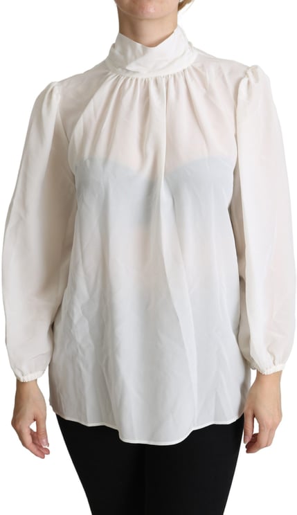 Dolce & Gabbana Dolce & Gabbana White Silk Pussy Bow Long Sleeved Top Blouse