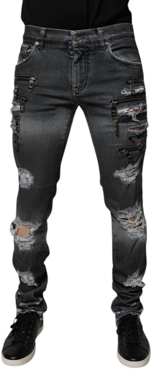 Dolce & Gabbana Dolce & Gabbana Dark Gray Tattered Cotton Skinny Denim Jeans