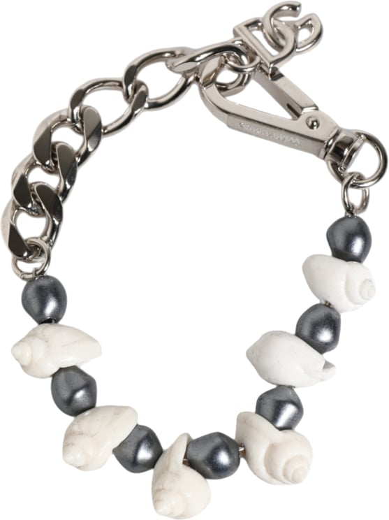 Dolce & Gabbana Dolce & Gabbana Silver Tone Brass Beaded Shell DG Logo Pendant Bracelet