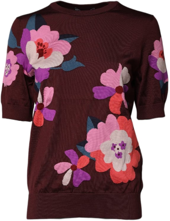 Dolce & Gabbana Dolce & Gabbana Maroon Floral Silk Crew Neck Blouse Top