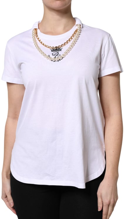 Dolce & Gabbana Dolce & Gabbana White Chain Pearl Cotton Round Neck T-shirt
