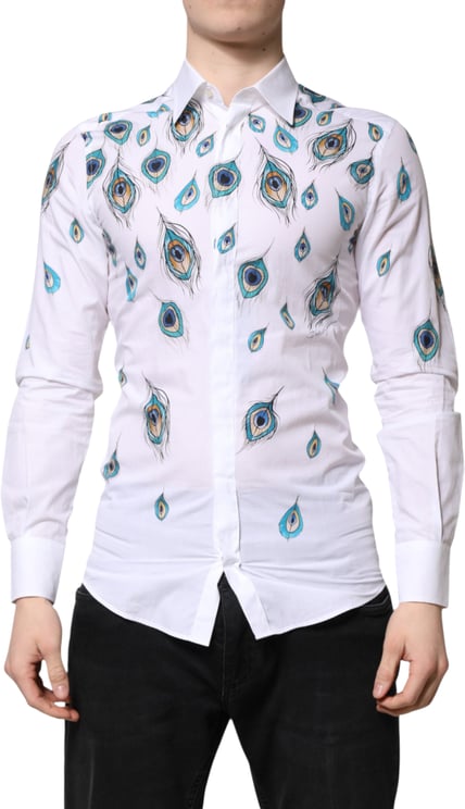 Dolce & Gabbana Dolce & Gabbana White Cotton Feather Print GOLD Dress Shirt