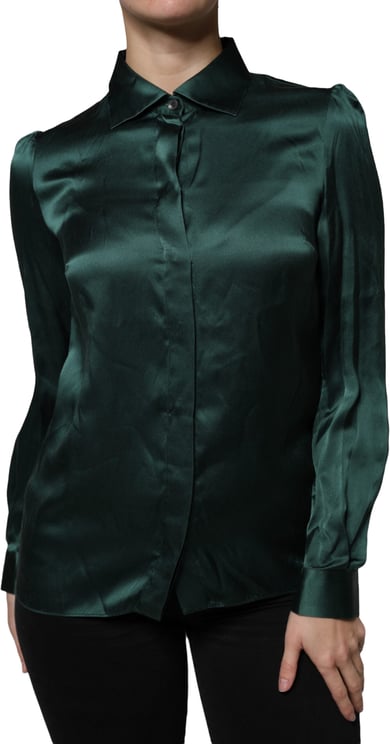 Dolce & Gabbana Dolce & Gabbana Dark Green Silk Button Down Long Sleeves Blouse Top