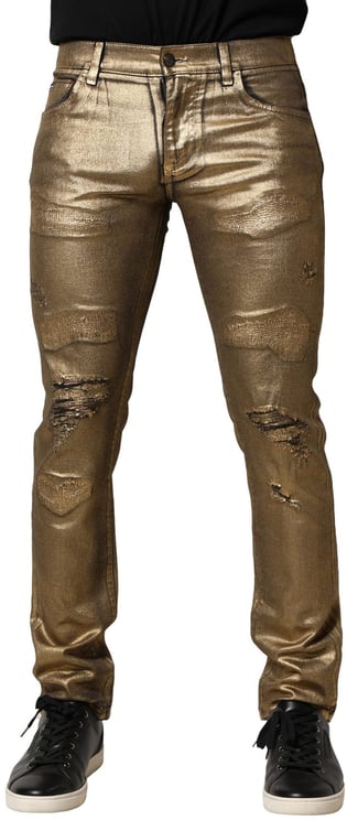 Dolce & Gabbana Dolce & Gabbana Gold Tattered Cotton Stretch Slim Denim Jeans