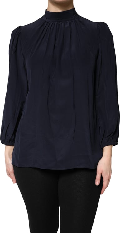 Dolce & Gabbana Dolce & Gabbana Blue Silk Mock Neck Long Sleeves Blouse Top
