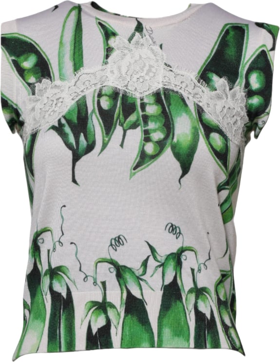 Dolce & Gabbana Dolce & Gabbana White Green Pea Print Sleeveless Blouse Top
