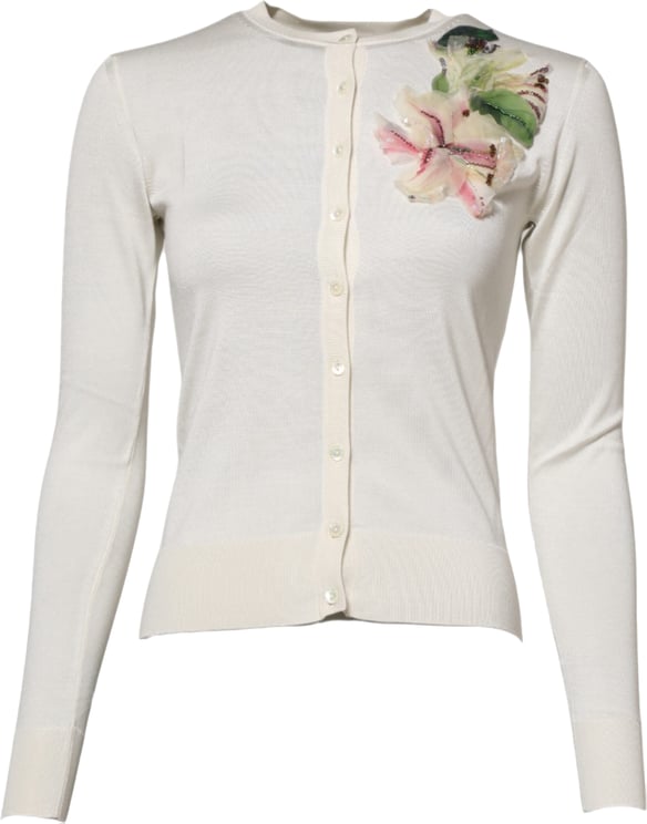 Dolce & Gabbana Dolce & Gabbana White Silk Lily Embellished Cardigan Sweater