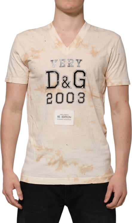 Dolce & Gabbana Dolce & Gabbana Beige Logo Print Short Sleeve V-neck T-shirt