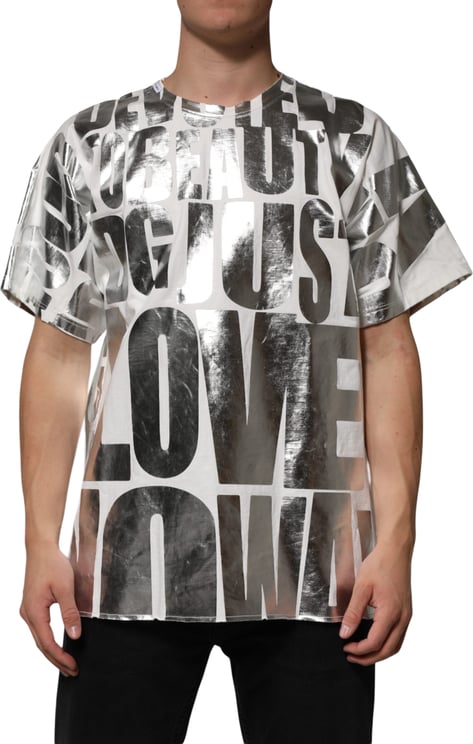 Dolce & Gabbana Dolce & Gabbana White Cotton Silver Metallic Slogan Print T-shirt