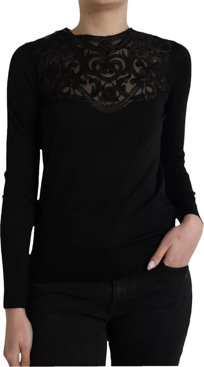 Dolce & Gabbana Dolce & Gabbana Black Silk Lace Trim Long Sleeves Blouse Top