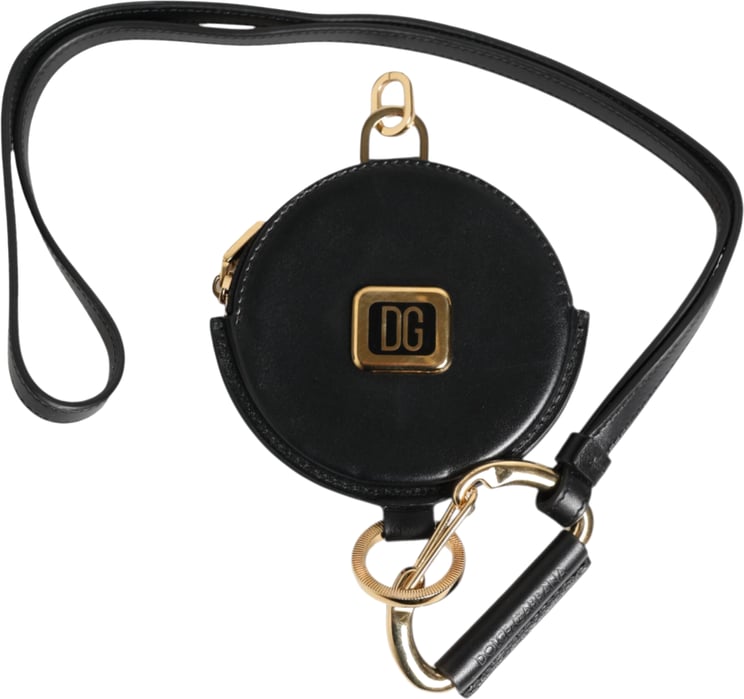 Dolce & Gabbana Dolce & Gabbana Black Round Leather DG Logo Coin Purse Lanyard Wallet
