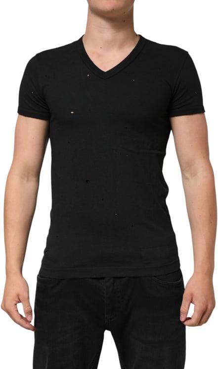 Dolce & Gabbana Dolce & Gabbana Black Cotton Tattered Logo V-Neck Men T-shirt
