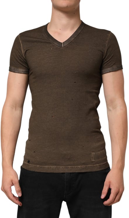 Dolce & Gabbana Dolce & Gabbana Dark Brown Cotton Tattered Logo Men T-shirt