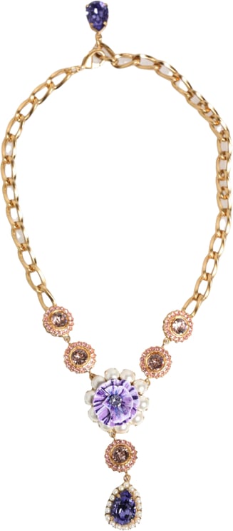 Dolce & Gabbana Dolce & Gabbana Gold Brass Crystal Pearl Purple Floral Pendant Jewelry Necklace