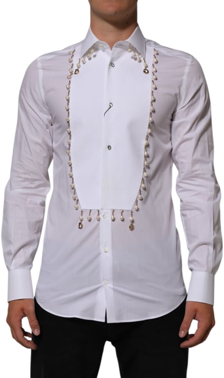 Dolce & Gabbana Dolce & Gabbana White Cotton DG Logo Pearl GOLD Formal Shirt