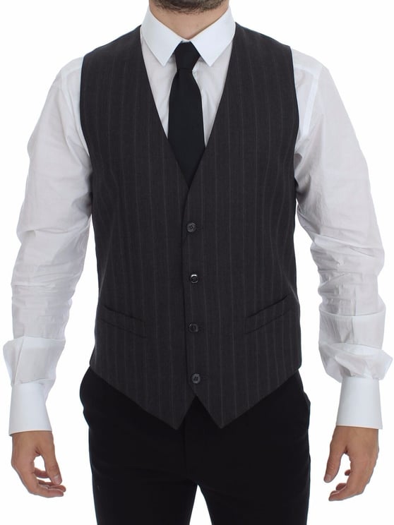 Dolce & Gabbana Dolce & Gabbana Gray Striped Wool Logo Vest Gilet Weste