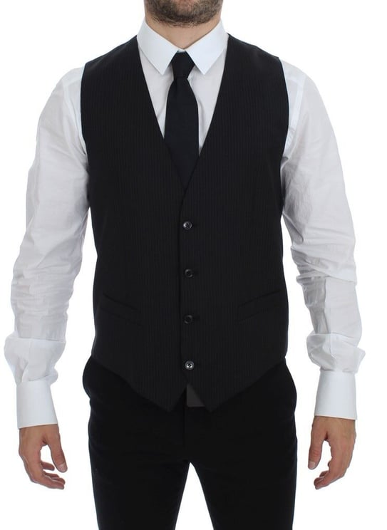 Dolce & Gabbana Dolce & Gabbana Black Striped Wool Single Breasted Vest