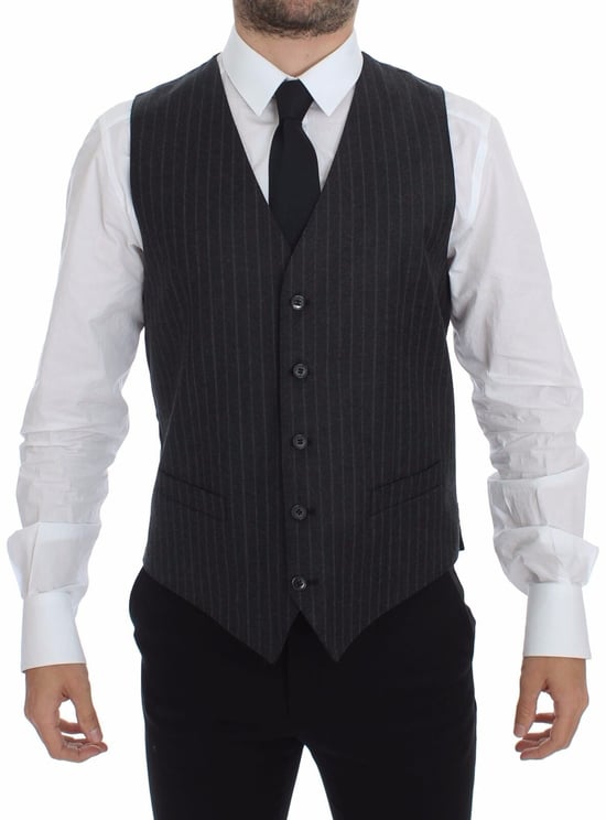 Dolce & Gabbana Dolce & Gabbana Gray Striped Wool Logo Vest Gilet Weste