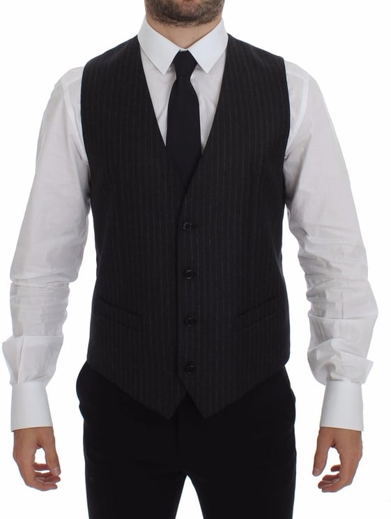 Dolce & Gabbana Dolce & Gabbana Gray Striped Wool Logo Vest Gilet Vests