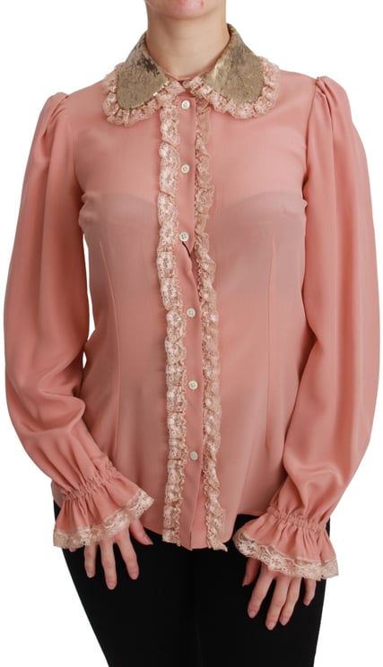 Dolce & Gabbana Dolce & Gabbana Pink Silk Gold Sequin Lace Blouse Shirt