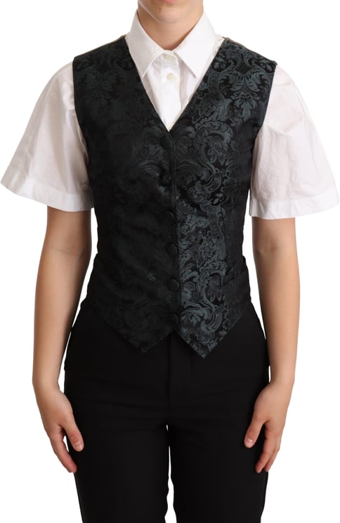 Dolce & Gabbana Dolce & Gabbana Black Jacquard Floral Waistcoat Vest Green