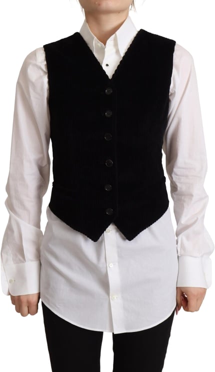 Dolce & Gabbana Dolce & Gabbana Black V-neck Leopard Corduroy Button Vest Top
