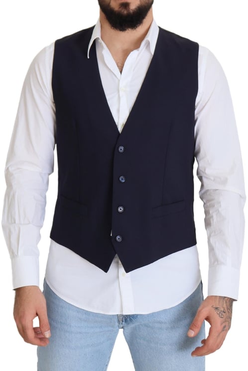 Dolce & Gabbana Dolce & Gabbana Dark Blue Wool Stretch Waistcoat Formal Vest